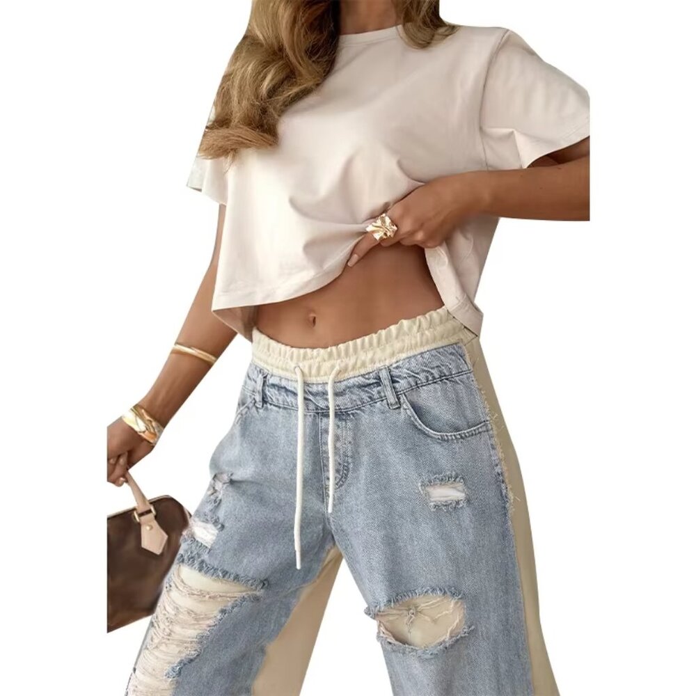 Woman's Ripped Patchwork Contrast Denim Trousers … - image 7